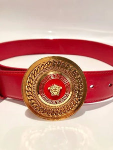 1990s VERSACE RED LEATHER GOLD MEDUSA MEDALLION BUCKLE BELT - style - CHNGR