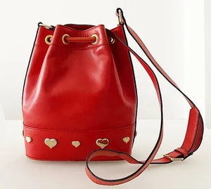 1980s ESCADA RED LEATHER GOLD HEART DRAWSTRING SHOULDER BAG - style - CHNGR