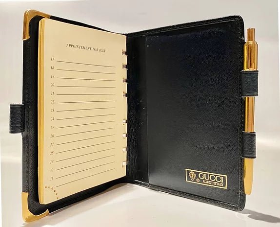 1980s GUCCI NAVY BLUE LEATHER MINI DIARY WITH BALL PEN - style - CHNGR