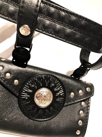 1990's GIANNI VERSACE STUDDED MEDUSA LEATHER MINI BUM BAG AND BELT - style - CHNGR