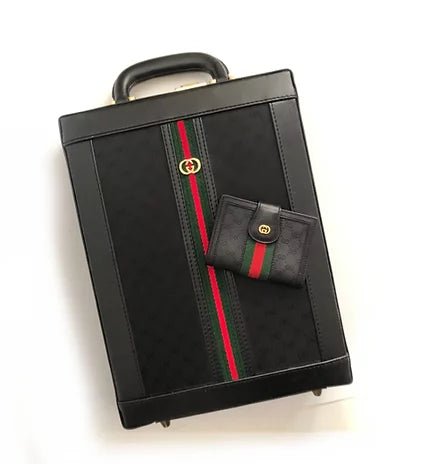 1980s GUCCI BLACK MONOGRAM WEB STRIPE VERTICAL BRIEFCASE WITH MATCHING WALLET - style - CHNGR