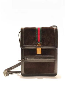 1980s GUCCI SHERRY BROWN SUEDE LOGO FLAPOVER SHOULDER  WEB BAG - style - CHNGR