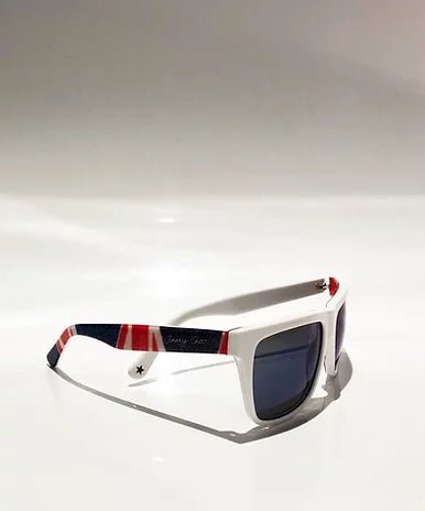 2000s Jimmy Choo Union Jack Wayfarer Plastic Alex sunglasses on white - STYLE-CHNGR