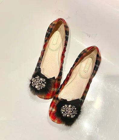 2000s PRADA TARTAN WOOL JEWELED BALLERINA FLATS - style - CHNGR