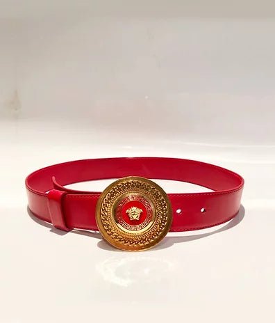 1990s VERSACE RED LEATHER GOLD MEDUSA MEDALLION BUCKLE BELT - style - CHNGR