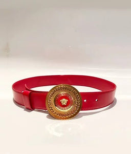 1990s VERSACE RED LEATHER GOLD MEDUSA MEDALLION BUCKLE BELT - STYLE-CHNGR