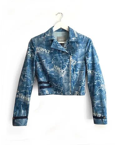 1990s VERSACE COUTURE BLUE DENIM LOGO CROPPED BOLERO JACKET - STYLE-CHNGR