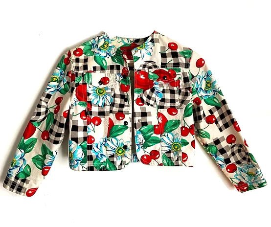 1980s KENZO CHEQUERED CHERRY PRINT CROPPED DENIM JACKET - style - CHNGR