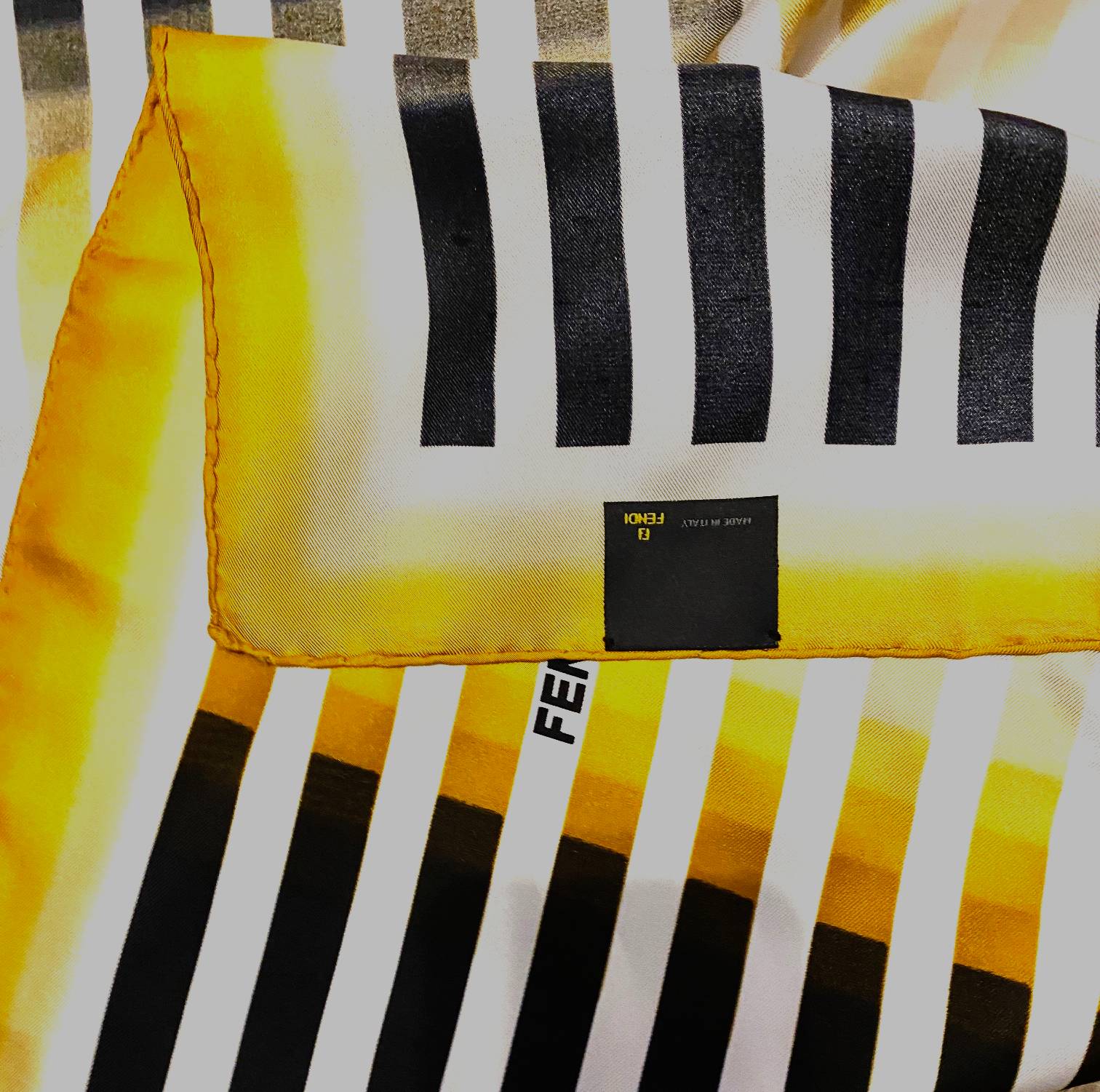 2000s Fendi Yellow Black White Stripe Geometric Silk Logo Scarf - STYLE-CHNGR