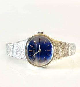1970s Seiko Blue Oval Dial Steel Mesh Wristband Jewel Watch - style - CHNGR