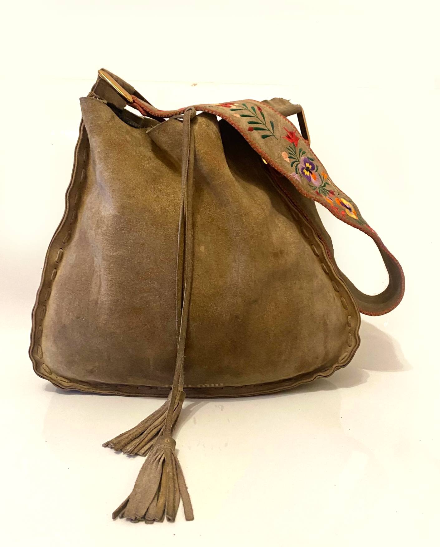 1990s Miu Miu Brown Suede Flower Embroidered Shoulder Bag - STYLE - CHNGR