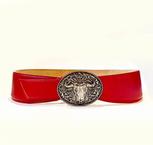 1980s MOSCHINO BULL HEAD BUCKLE RED LEATHER HIGH WAIST BELT - style - CHNGR