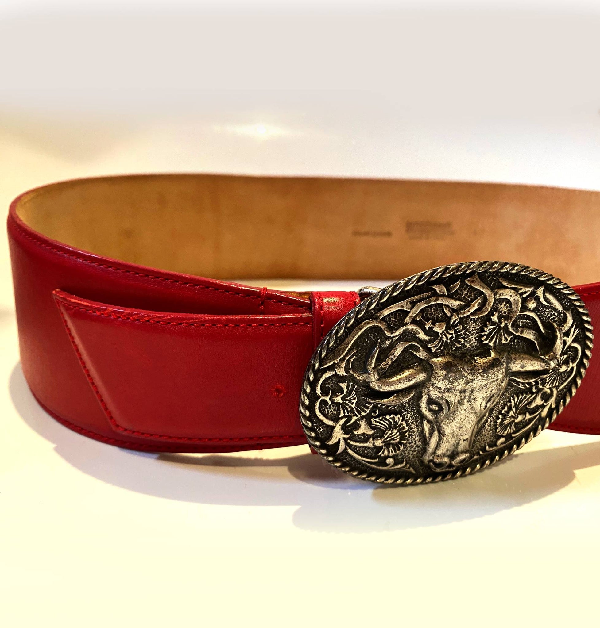 1980s MOSCHINO BULL HEAD BUCKLE RED LEATHER HIGH WAIST BELT - style - CHNGR