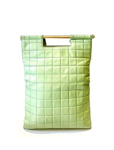 1990s CHANEL QUILTED MINT GREEN TOP METAL HANDLE LEATHER TOTE FLAP LAMBSKIN BAG - style - CHNGR