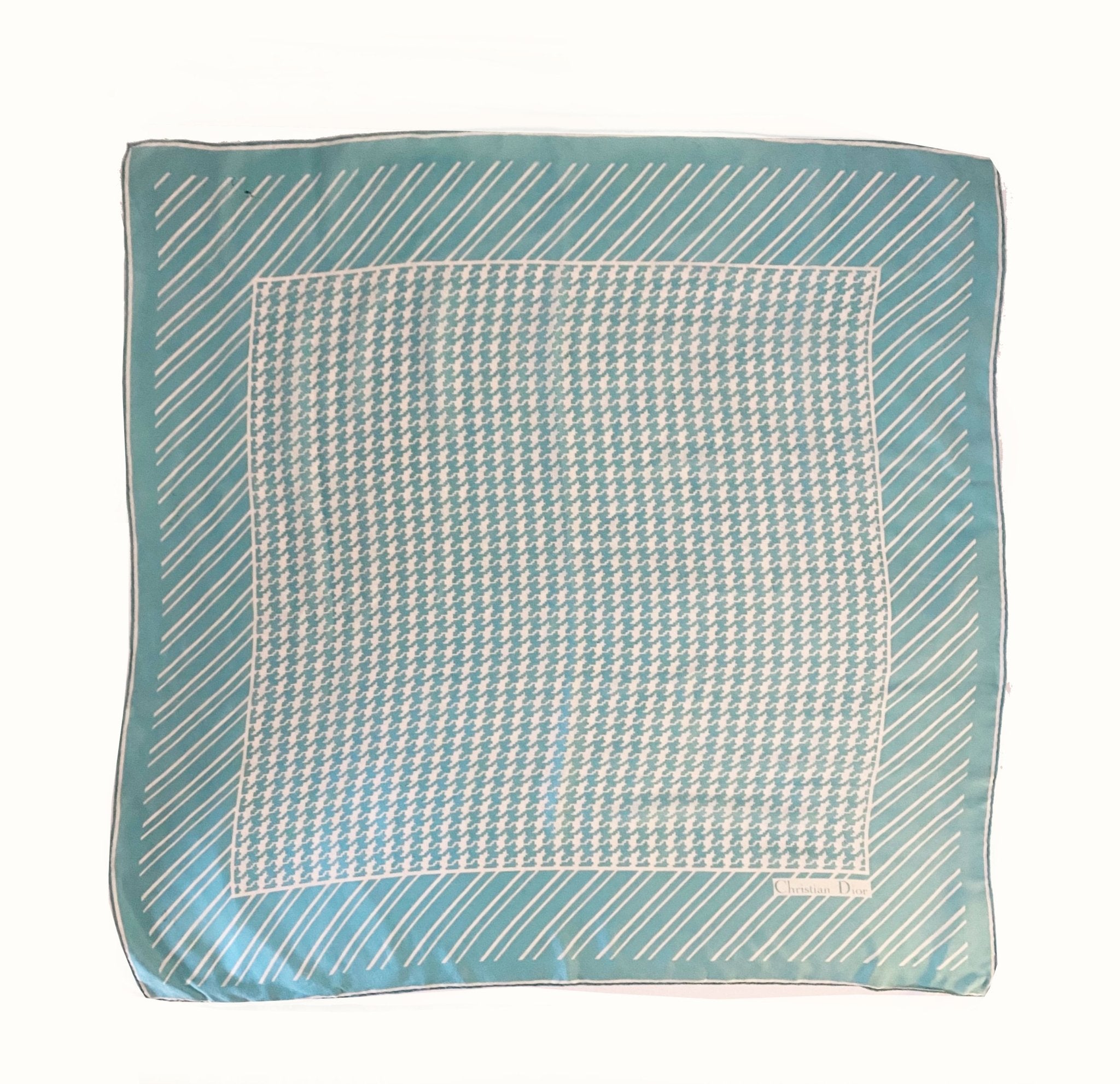 1980s Christian Dior Houndstooth Teal Turquoise Silk Scarf - style - CHNGR