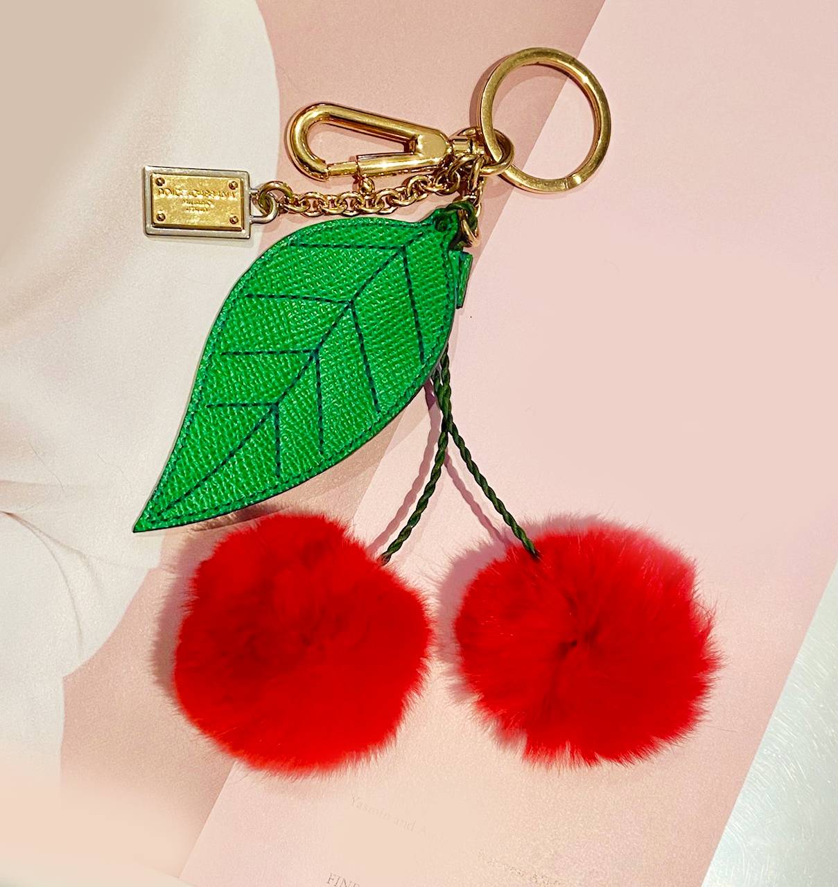 Dolce & Gabbana Red Cherry Pom Pom Gold Tone Key Ring / Bag Charm - style - CHNGR
