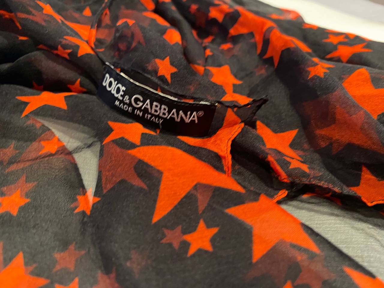 2000s Dolce & Gabbana "Star Collection" Chiffon Black Orange Silk Scarf - style - CHNGR
