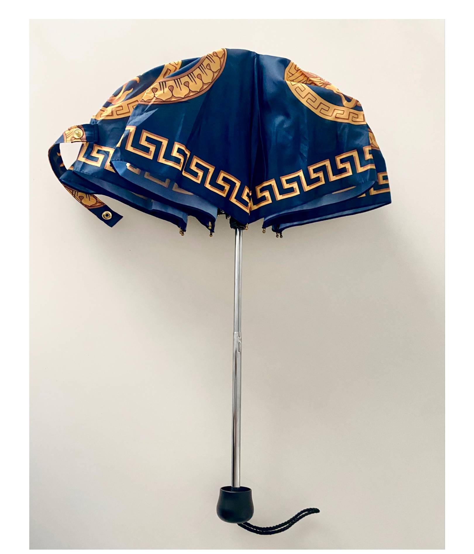 1990s Gianni Versace Navy Blue Gold Medusa Compact Umbrella - STYLE - CHNGR