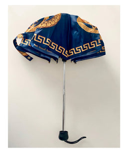 1990s Gianni Versace Navy Blue Gold Medusa Compact Umbrella - style - CHNGR