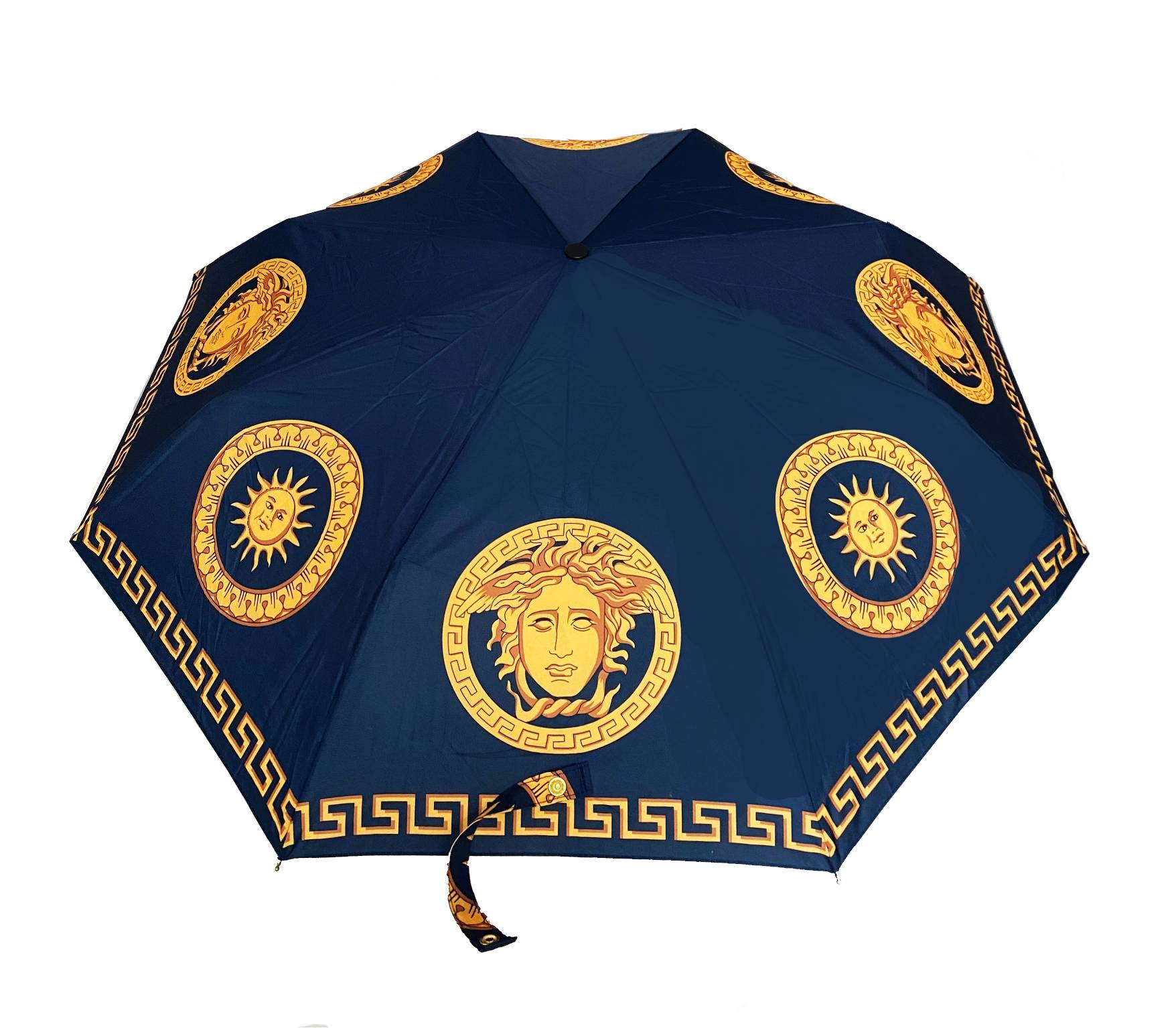 1990s Gianni Versace Navy Blue Gold Medusa Compact Umbrella - STYLE - CHNGR