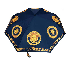 1990s Gianni Versace Navy Blue Gold Medusa Compact Umbrella - style - CHNGR