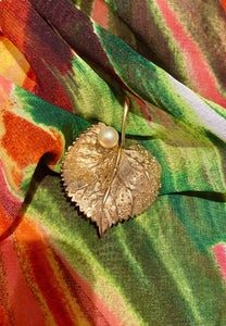 1980s Christian Dior Gold Tone Leaf Shaped Brooch with Pearl - style - CHNGR