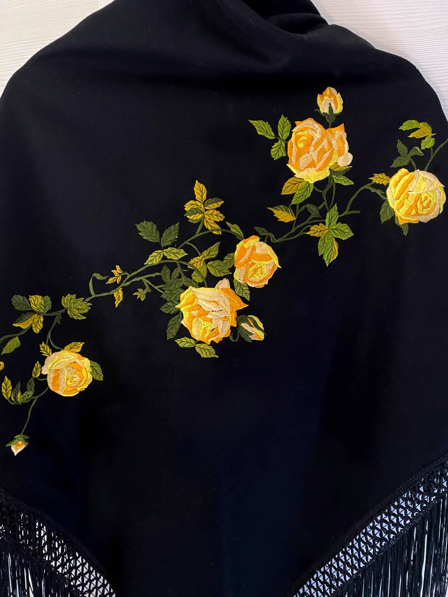 2000s Dolce & Gabbana Black Wool Yellow Rose Embroidered Fringed Shawl - style - CHNGR