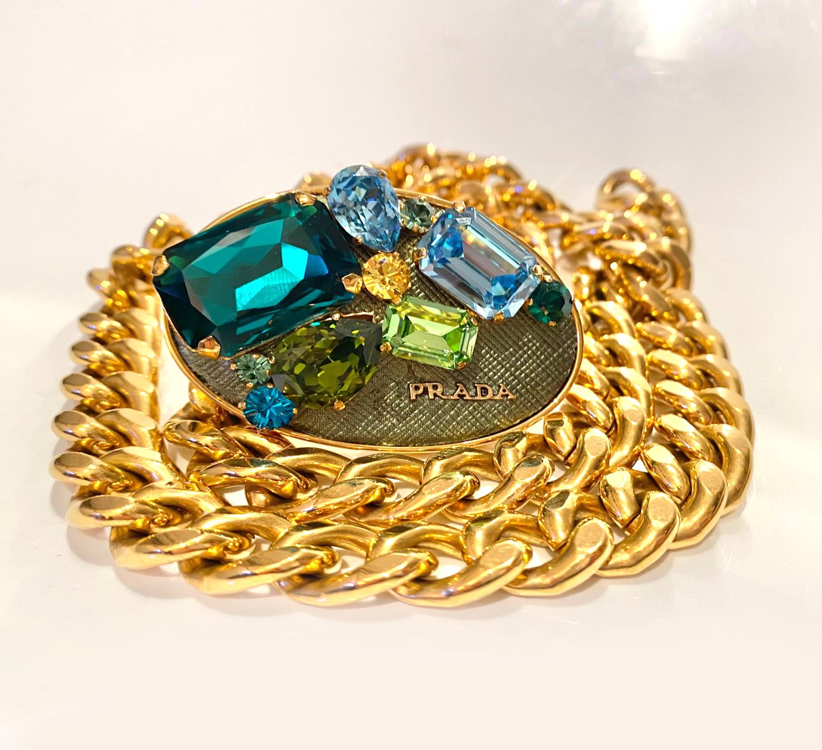 2000s Prada Gold Tone Chunky Chain Gems Buckle Jewel Belt - style - CHNGR