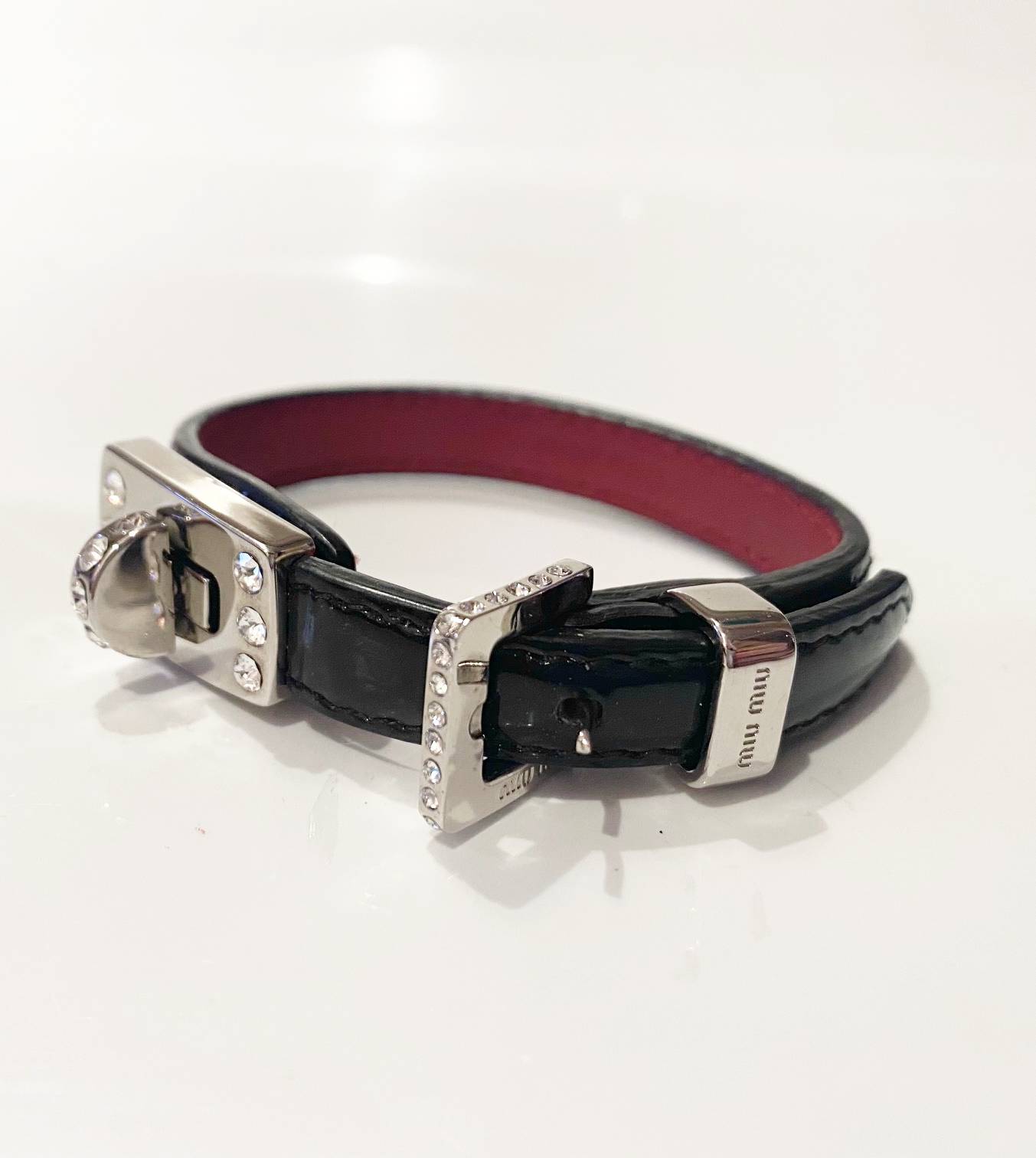 2000s miu miu Crystals Patent Leather Clutch Closure Silver Hardware Bracelet - STYLE - CHNGR