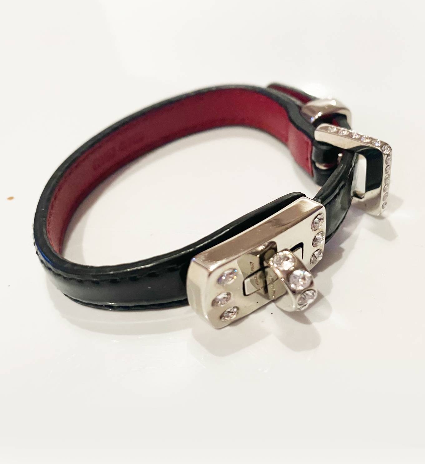 2000s miu miu Crystals Patent Leather Clutch Closure Silver Hardware Bracelet - STYLE - CHNGR