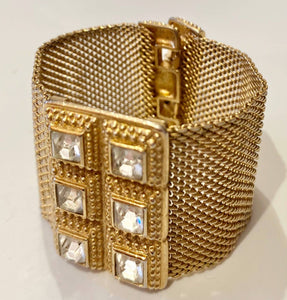 1980s Guy Laroche Gold Plated Mesh Crystal Bangle - style - CHNGR