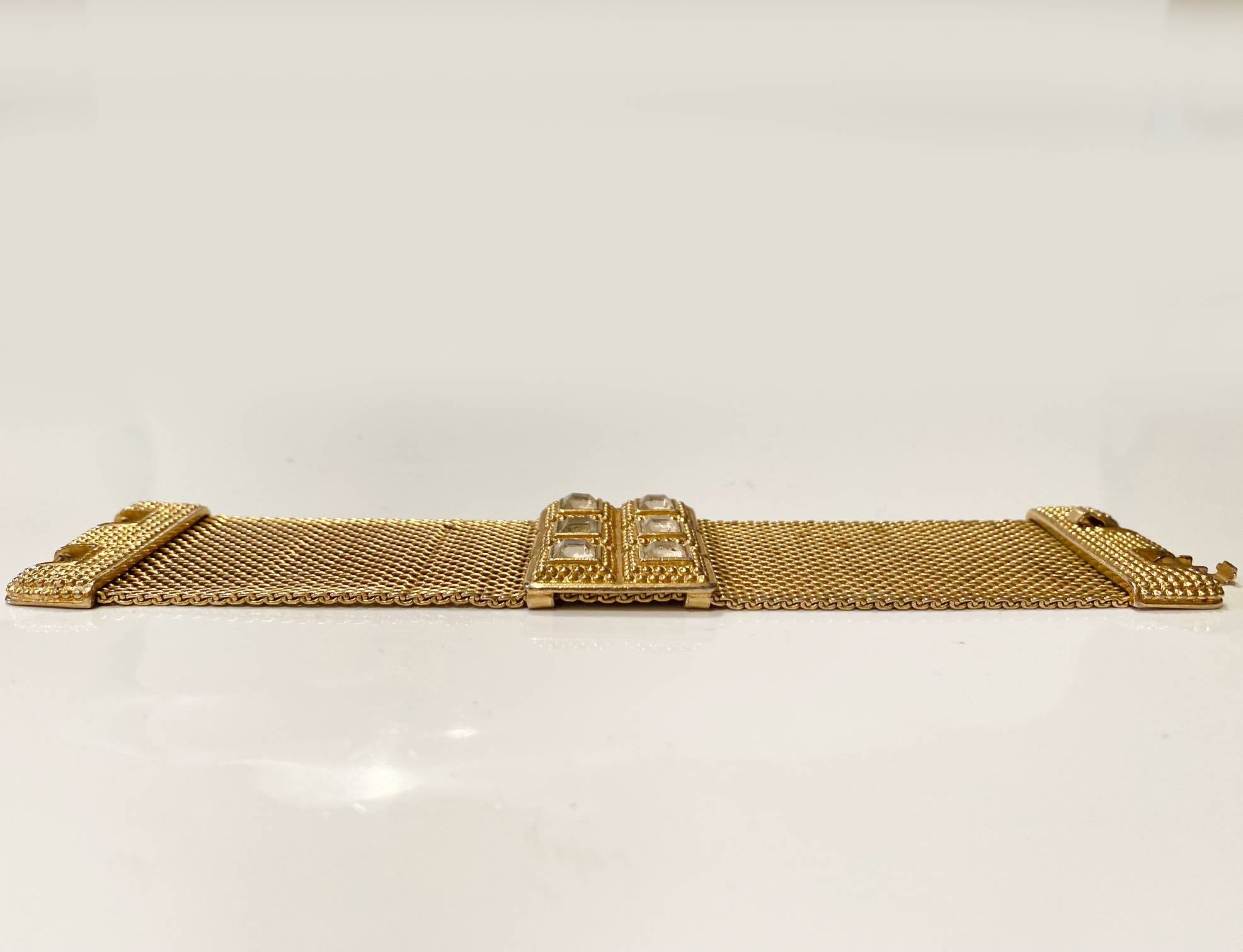 1980s Guy Laroche Gold Plated Mesh Crystal Bangle - style - CHNGR