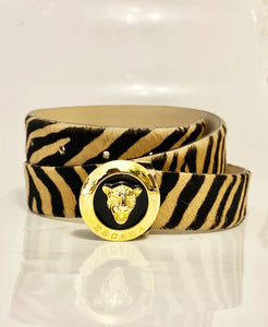 1980s Escada Pony Animal Print Belt with Gold Leopard Charm Buckle - style - CHNGR