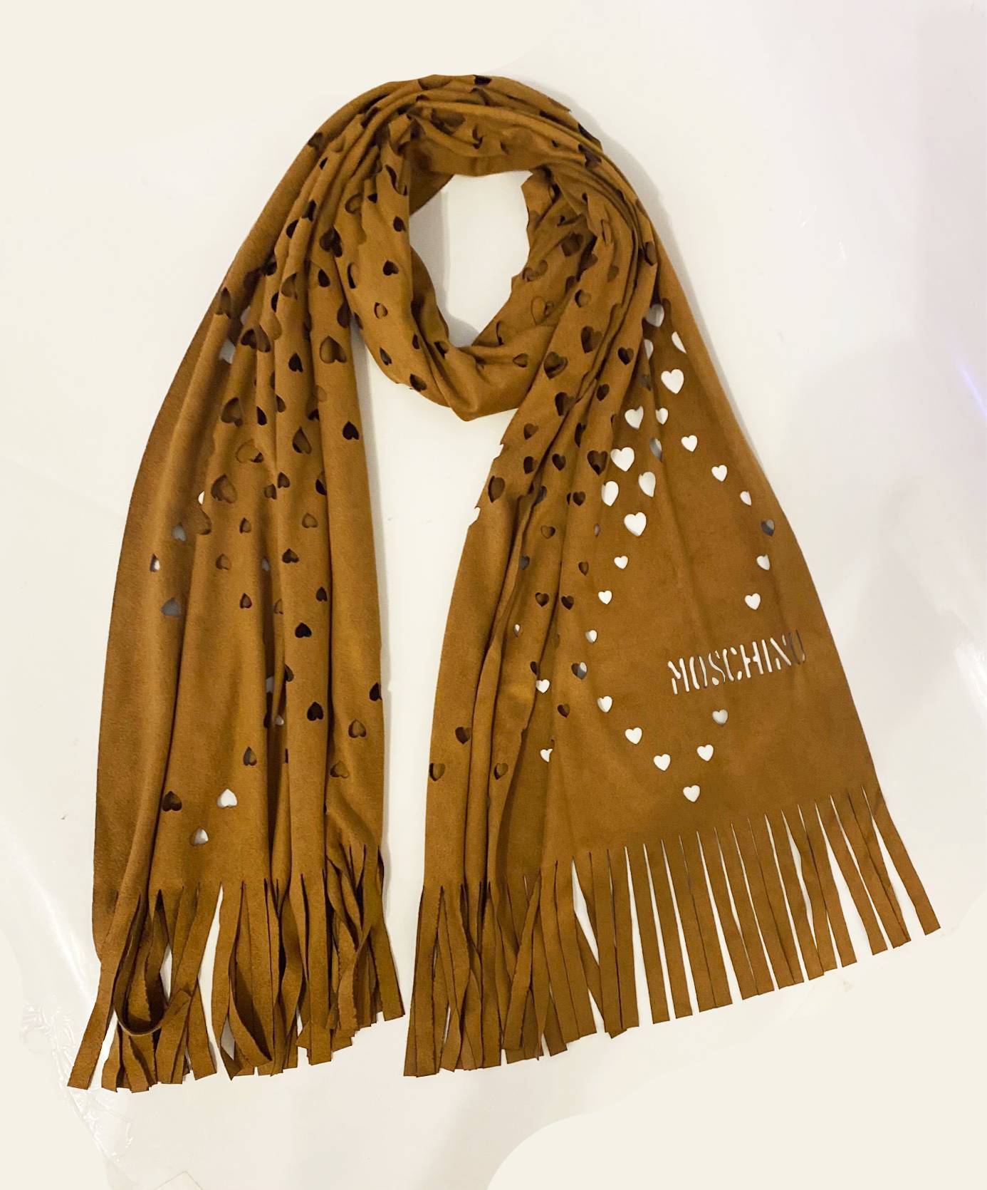 1990s Moschino Faux Suede Brown Heart Openwork Scarf - STYLE-CHNGR