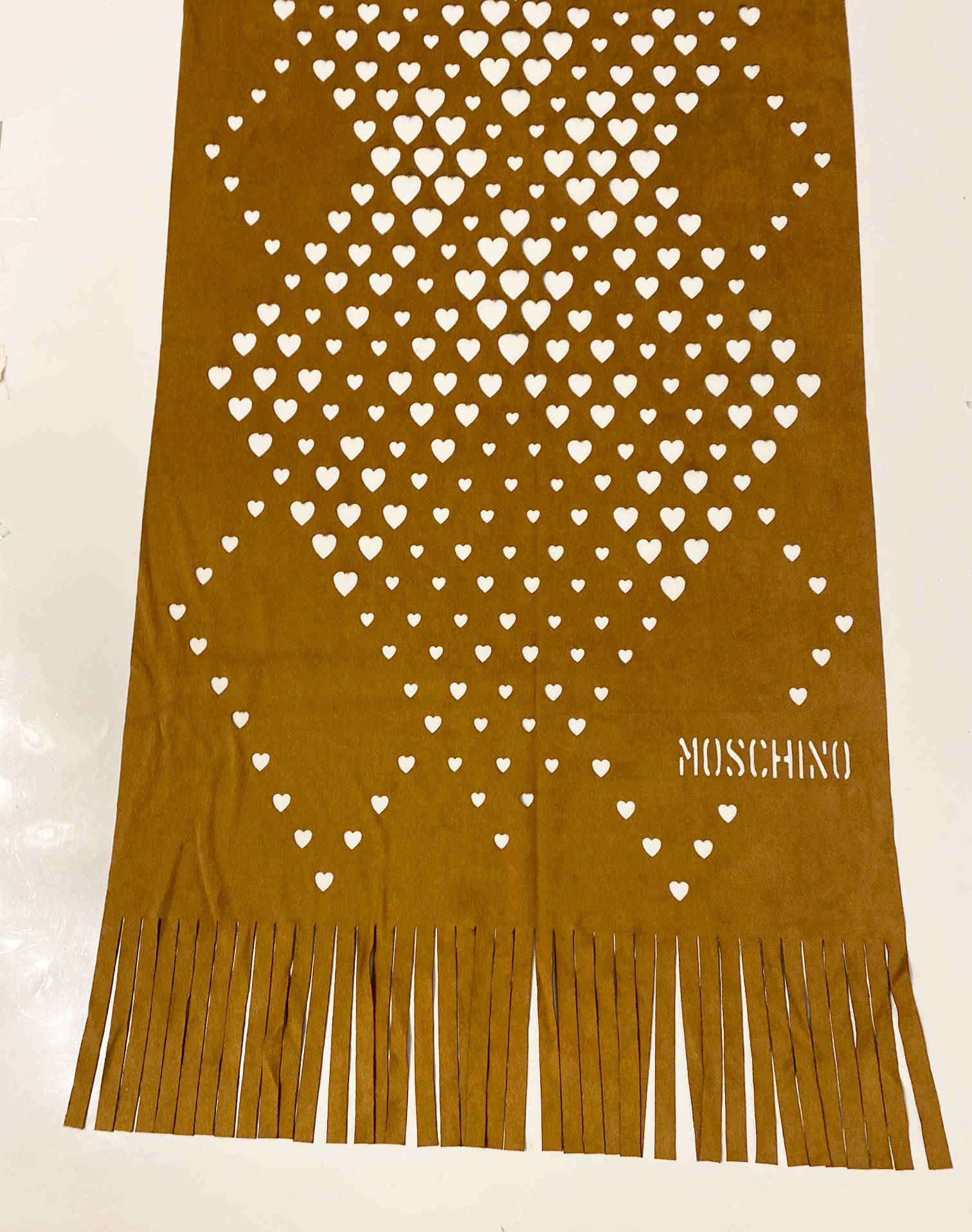 1990s Moschino Faux Suede Brown Heart Openwork Scarf - STYLE-CHNGR