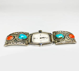 1980s Dior for Bulova Turquoise Coral Silver Ban Mechanical Wristwatch - style - CHNGR