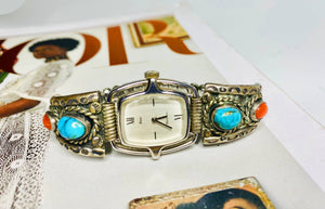 1980s Dior for Bulova Turquoise Coral Silver Ban Mechanical Wristwatch - style - CHNGR