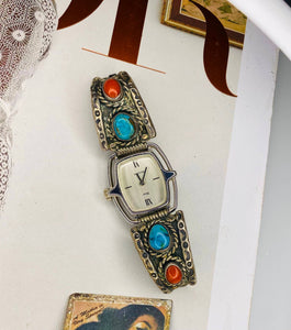 1980s Dior for Bulova Turquoise Coral Silver Ban Mechanical Wristwatch - style - CHNGR