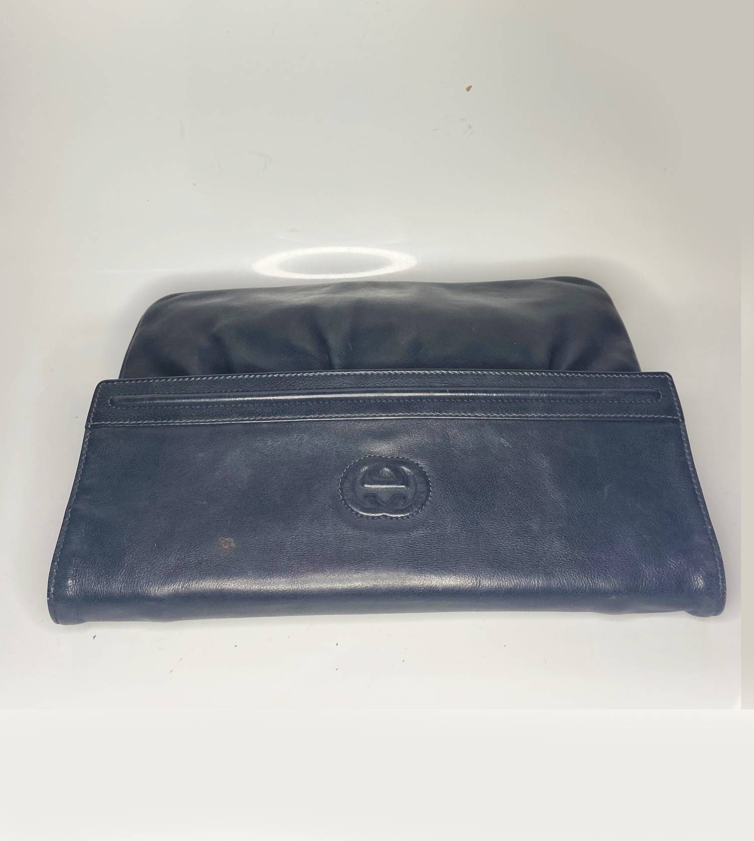 1980s Gucci Navy Blue Leather flap top bag - STYLE-CHNGR