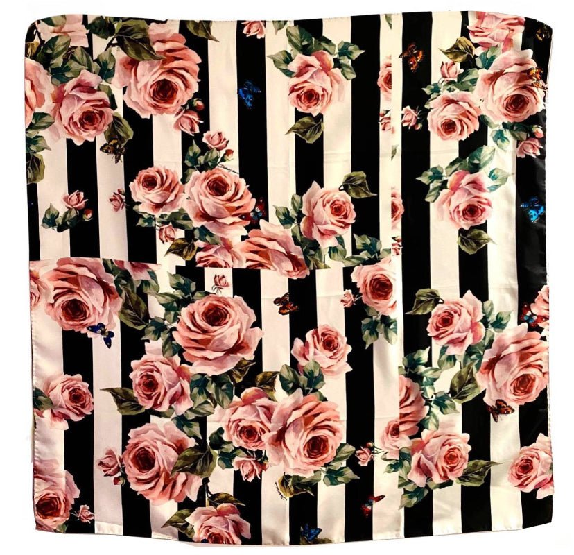 Dolce & Gabbana Large Twill Stripe Silk Scarf with Pink Rose Print - style - CHNGR