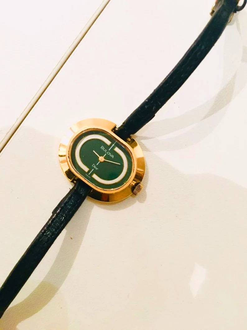 1970s Bulova for Christian Dior 14K Gold Plated Oval Green  Dial Wristwatch - STYLE - CHNGR