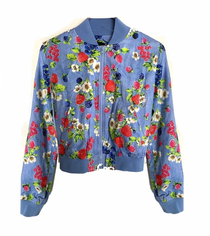 Moschino Fruit Print Blue Bomber Jacket - style - CHNGR