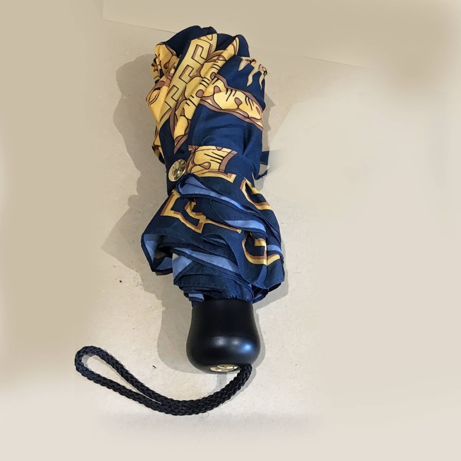 1990s Gianni Versace Navy Blue Gold Medusa Compact Umbrella - style - CHNGR