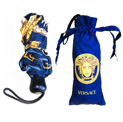 1990s Gianni Versace Navy Blue Gold Medusa Compact Umbrella - style - CHNGR