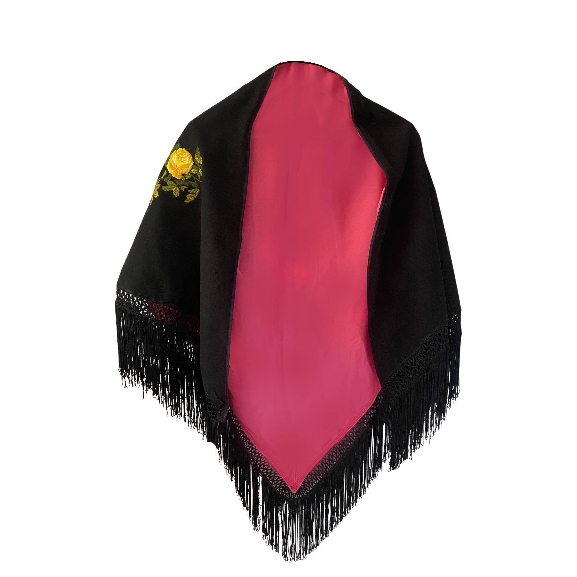 2000s Dolce & Gabbana Black Wool Yellow Rose Embroidered Fringed Shawl - style - CHNGR