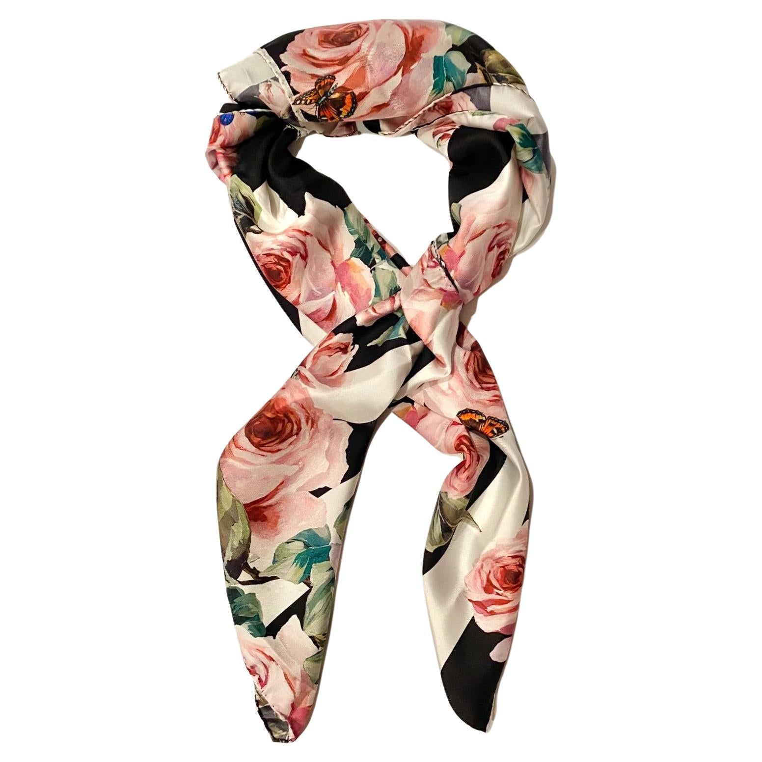 Dolce & Gabbana Large Twill Stripe Silk Scarf with Pink Rose Print - style - CHNGR