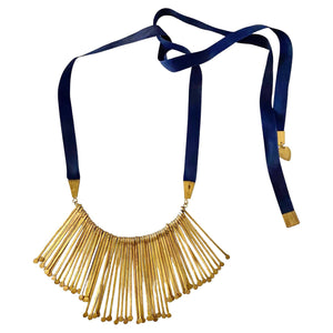 1980s Celine Fringe Statement Brass Tib Black Ribbon Necklace - style - CHNGR