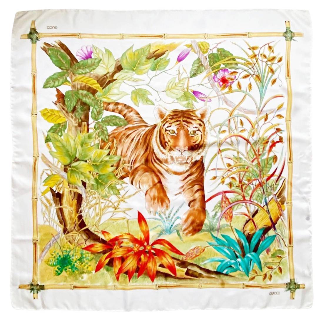 1970s Gucci Tiger Silk Scarf on White - style - CHNGR