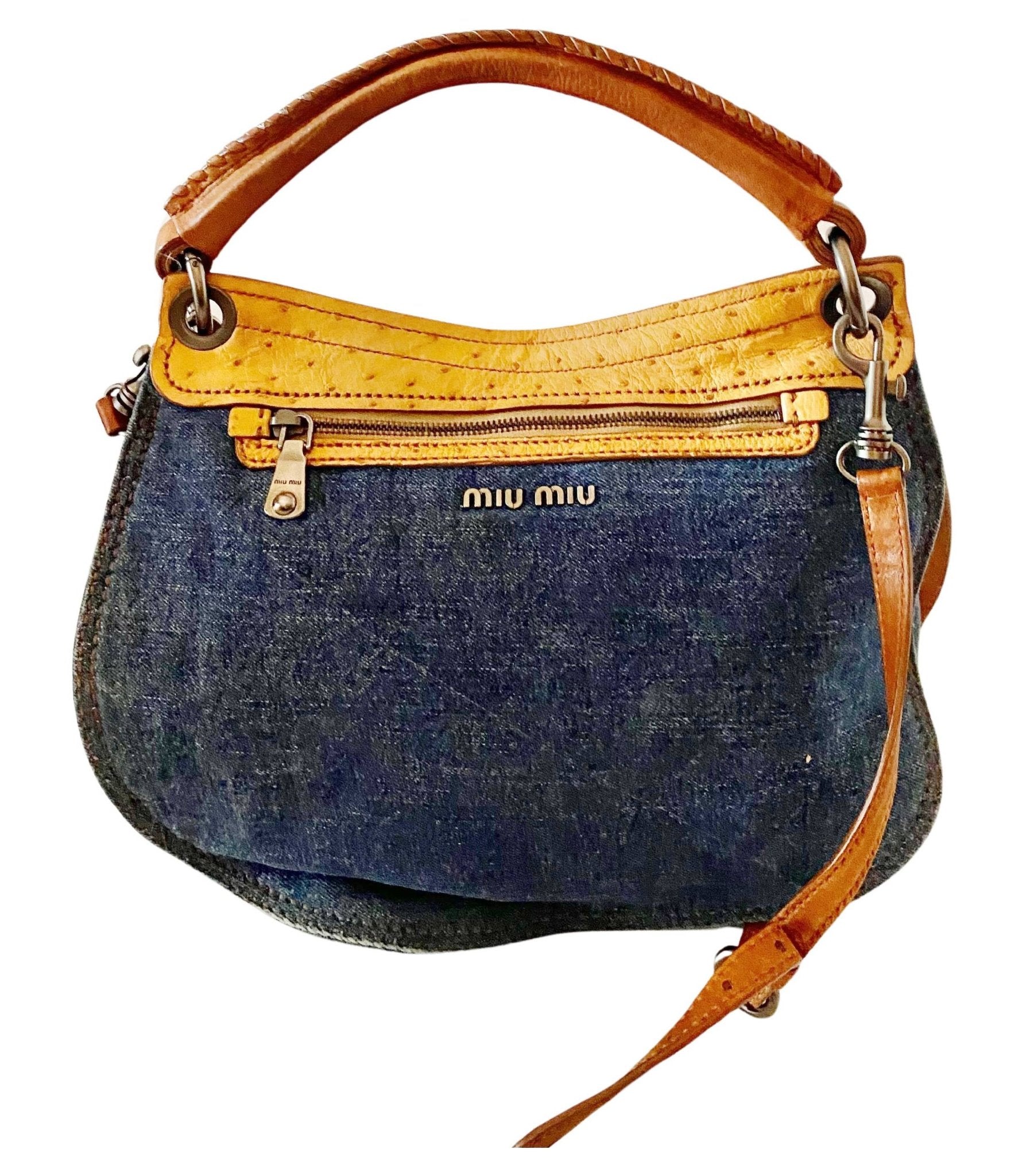 2000s miu miu ostrich leather and denim top handle Hobo Bag - style - CHNGR